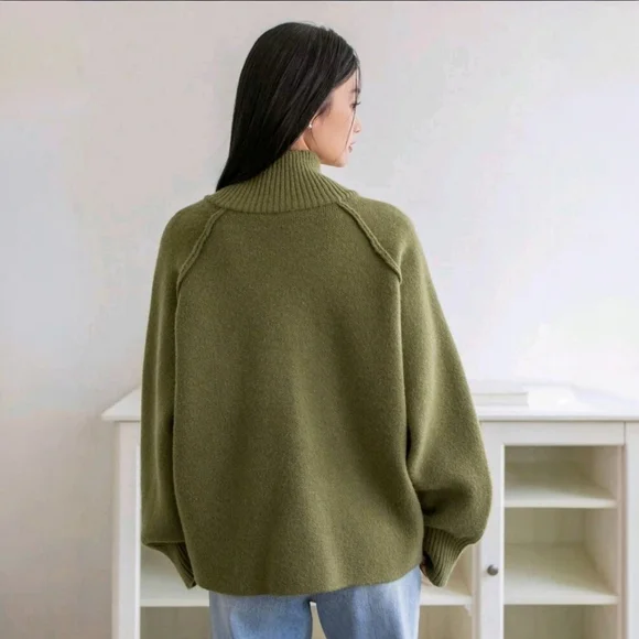 Zippered Mock Neck Cardigan ▪︎ Army Green ▪︎ LG - Picture 5 of 16